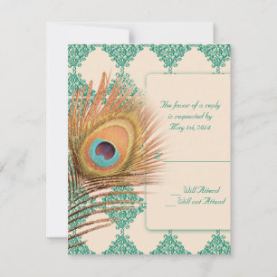 Peacock Feather on Teal Moroccan Tile RSVP Card