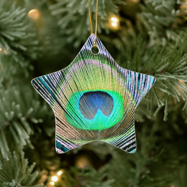 Peacock Feather on Turquoise Ceramic Ornament (Tree)