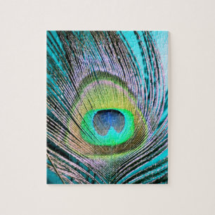 Peacock Feather on Turquoise Jigsaw Puzzle