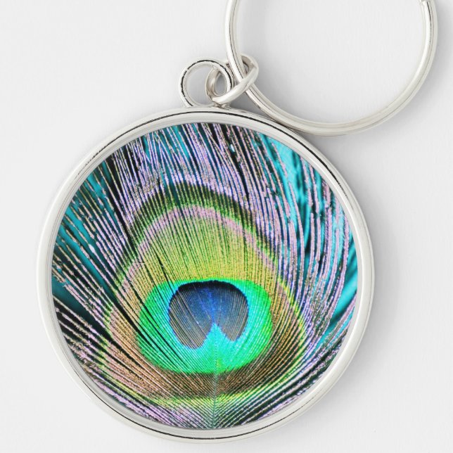 Peacock Feather on Turquoise Key Ring (Front)