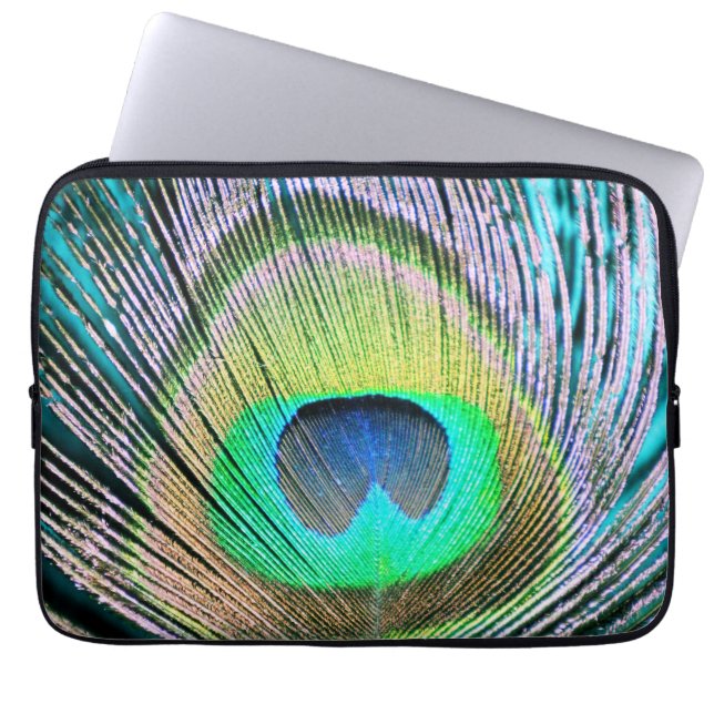 Peacock Feather on Turquoise Laptop Sleeve (Front)