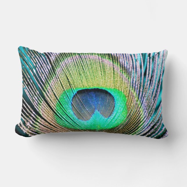 Peacock Feather on Turquoise Lumbar Cushion (Front)