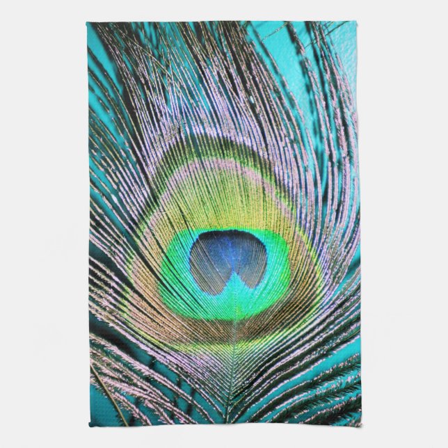 Peacock Feather on Turquoise Tea Towel (Vertical)