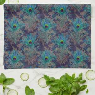 Peacock feather paisley purple teal gold boho   tea towel