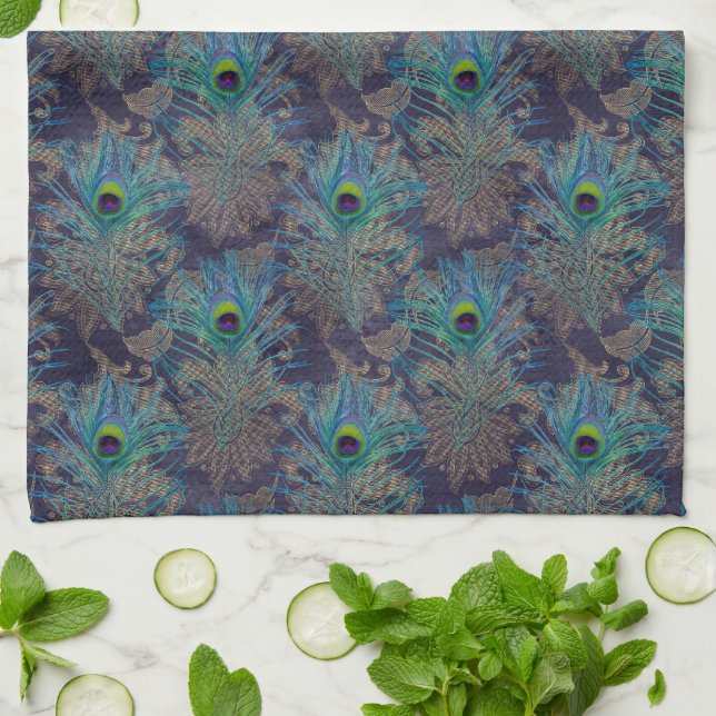 Peacock feather paisley purple teal gold boho   tea towel (Folded)