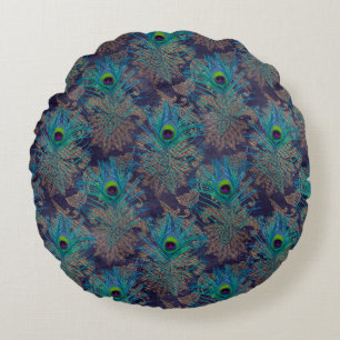 Peacock feather paisley purple teal gold boho thro round cushion