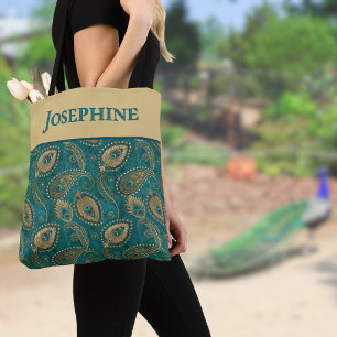 Peacock Feather Paisley Teal Gold Vintage Name Tote Bag