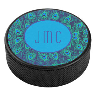 PEACOCK FEATHER PATTERN AQUA BLUE GREEN MONOGRAM HOCKEY PUCK