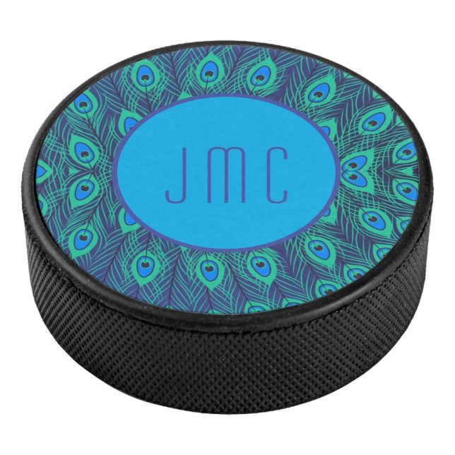 PEACOCK FEATHER PATTERN AQUA BLUE GREEN MONOGRAM HOCKEY PUCK (3/4)