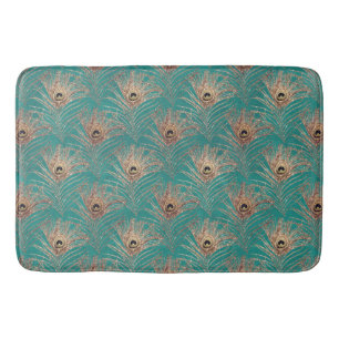 Peacock feather pattern glitter teal gold elegant bath mat