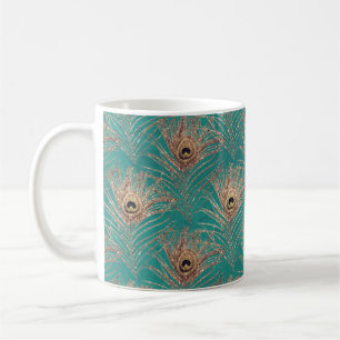 Peacock feather pattern glitter teal gold elegant coffee mug