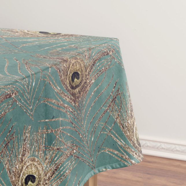 Peacock feather pattern glitter teal gold elegant tablecloth (Creator Uploaded)