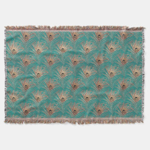 Peacock feather pattern glitter teal gold elegant throw blanket