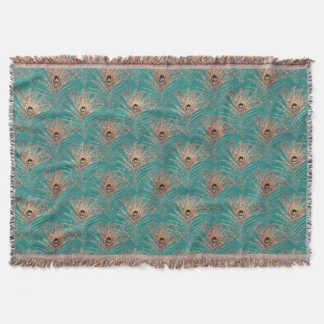 Peacock feather pattern glitter teal gold elegant throw blanket (Front)