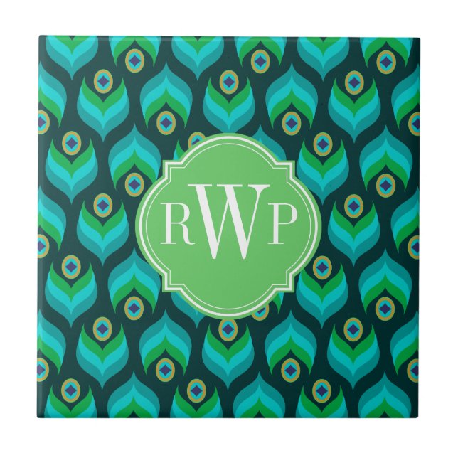 Peacock Feather Pattern Monogram Personalised Tile (Front)