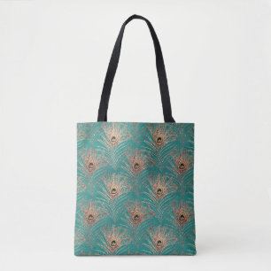Peacock feather pattern teal gold elegant tote bag