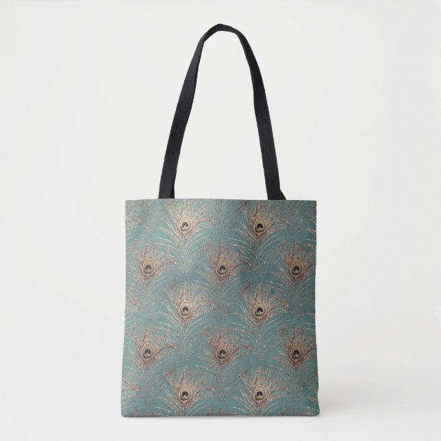 Peacock feather pattern teal gold elegant tote bag (Front)