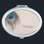 Peacock Feather Personalised Travel Mirror<br><div class="desc">On the front of this compact mirror, a pretty blue, tan, and green peacock feather swirls around the top left corner, and your custom text is in brown at the bottom right. The images and text are placed on a distressed light grey tan background which complements the colours in the...</div>