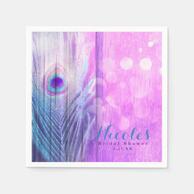 Peacock Feather Pink & Blue Boho Chic Custom Party Napkin (Front)