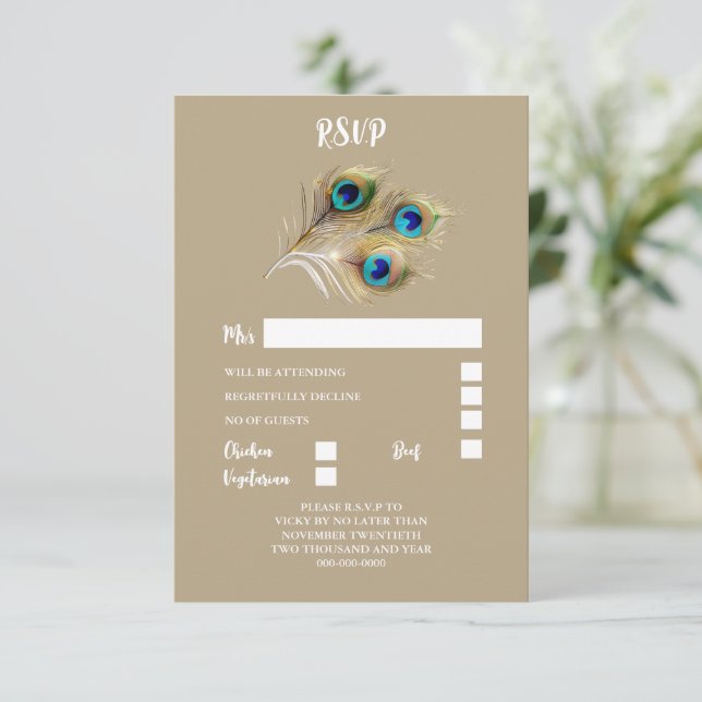 Peacock feather plume gold blue simple minimalist RSVP card (Standing Front)