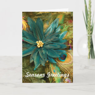 Peacock Feather Poinsettia Christmas Greeting Card