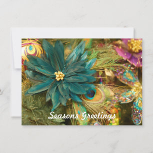 Peacock Feather Poinsettia Flat Christmas Card