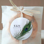 Peacock Feather Poise | Wedding Event  Classic Round Sticker<br><div class="desc">A set of unique wedding stickers tailored to your elegant wedding event.  It features an image of an elegant peacock feather towards the side.  On the opposite side of this are your bride and groom's initials and wedding or engagement date.</div>