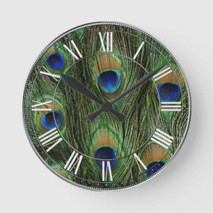 Peacock Feather Print Round Clock