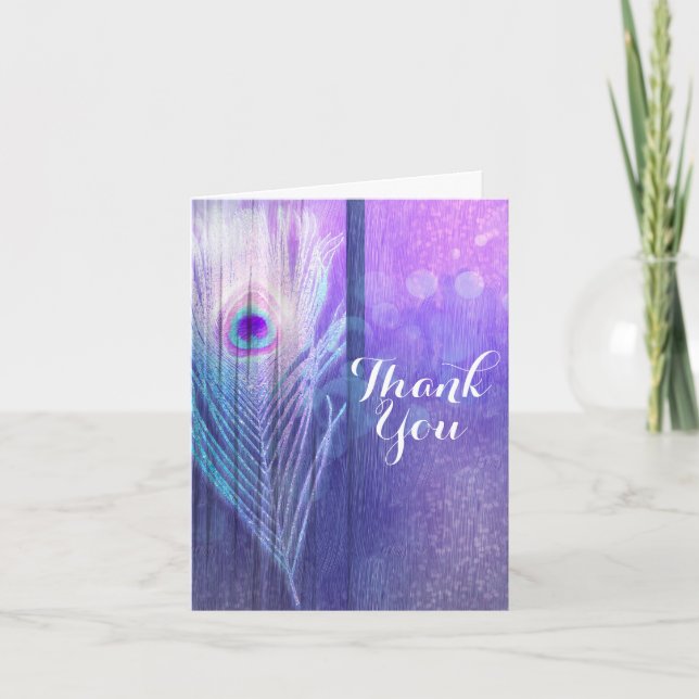 Peacock Feather Purple Glam Boho Chic Thank You Card (Front)
