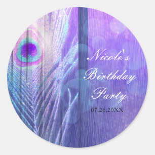 Peacock Feather Purple Glam Boho Party Favour Classic Round Sticker