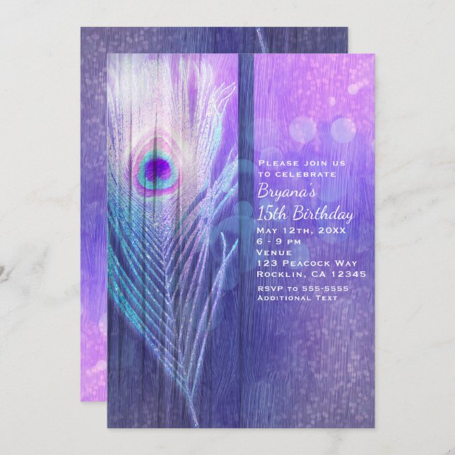 Peacock Feather Purple Glam Boho Party Invitations (Front/Back)