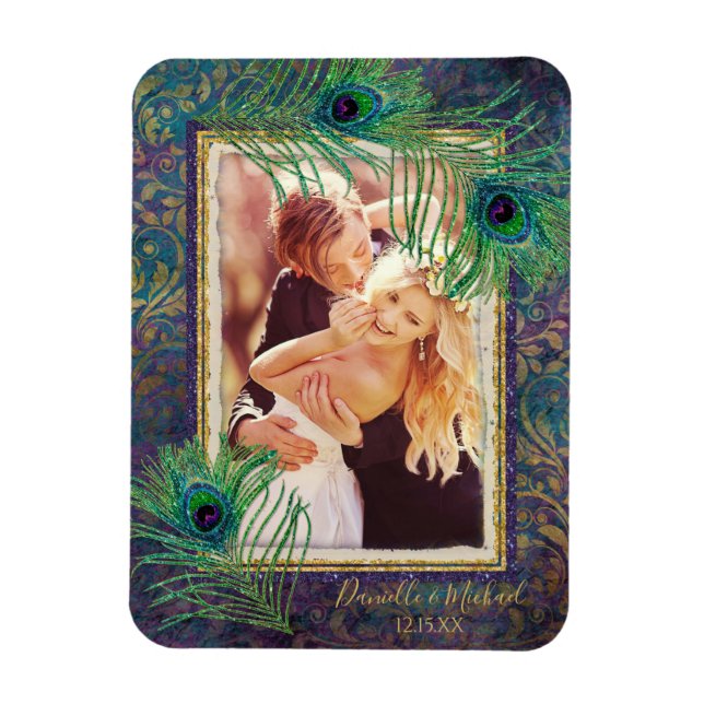 Peacock Feather Purple Glitter Photo Save the Date Magnet (Vertical)