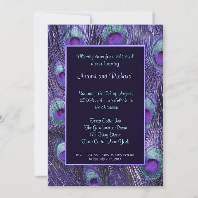 Peacock Feather Purple Rehearsal Dinner Invitation (Front)