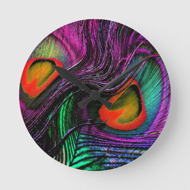 Peacock feather rainbow round clock (Front)