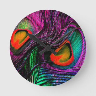 Peacock feather rainbow round clock