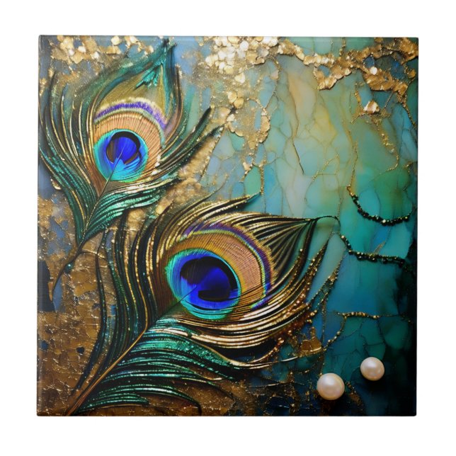 Peacock feather rosettes marbled pearl faux foil ceramic tile (Front)