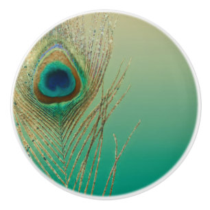 Peacock Feather Sand and Teal Boho Glam Elegant Ceramic Knob