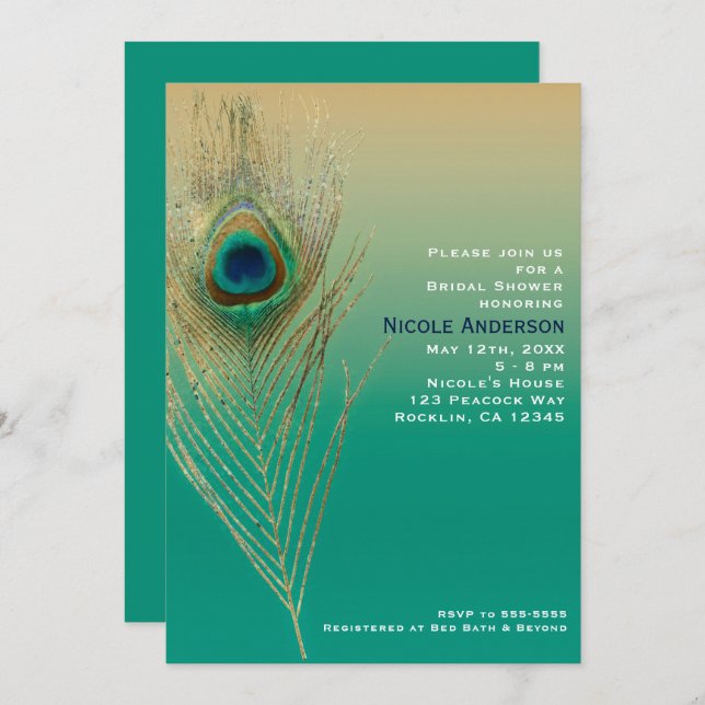 Peacock Feather Sand and Teal Boho Glam Invitation (Front/Back)
