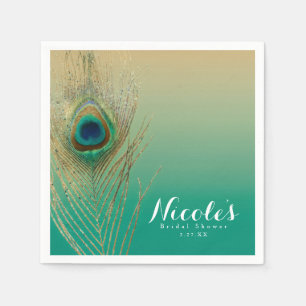 Peacock Feather Sand and Teal Boho Party Reception Napkin