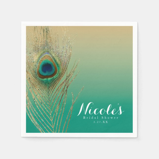 Peacock Feather Sand and Teal Boho Party Reception Napkin (Front)