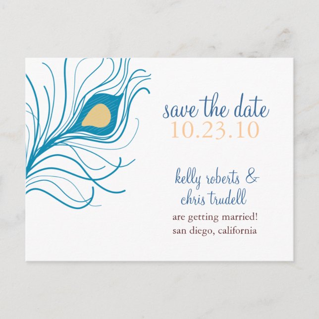Peacock Feather Save The Date postcard yellow (Front)