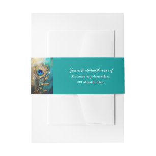Peacock feather shiny gold teal emerald green bird invitation belly band