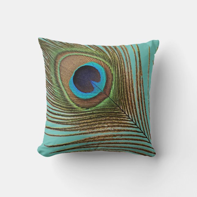 Peacock Feather Teal Blue Green Patterns Elegant Cushion (Front)