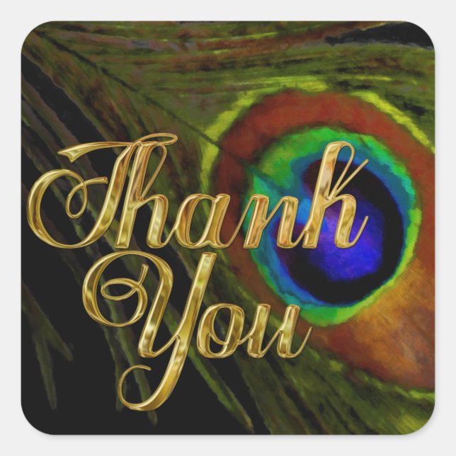Peacock Feather Thank You Square Sticker (Front)