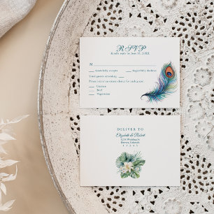 Peacock Feather Tropical Flowers Wedding RSVP Card