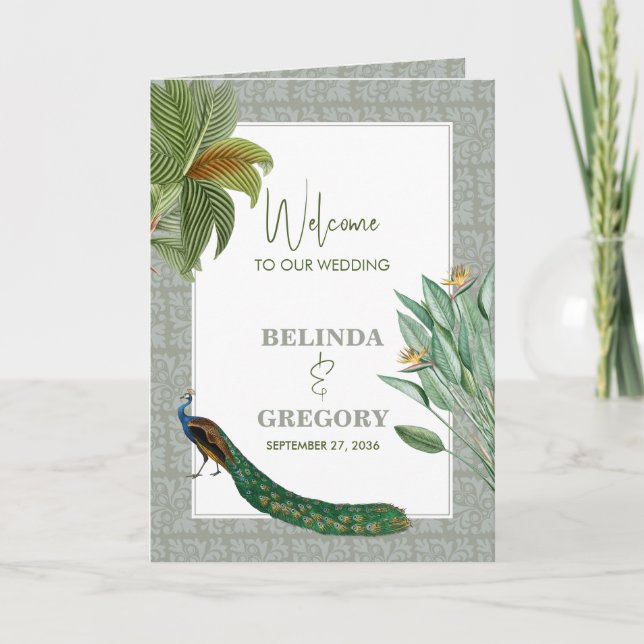 Peacock Feather Tropical Wedding Order of Service Program (Front)