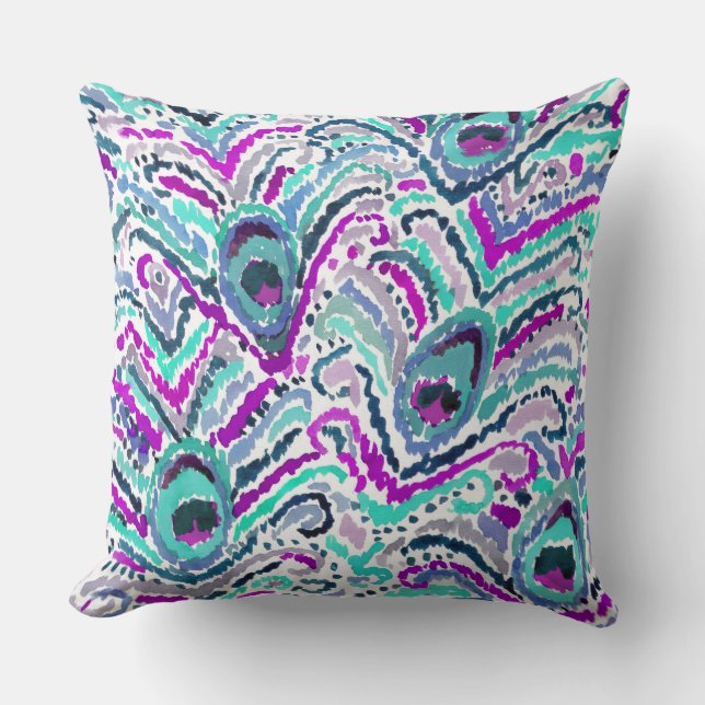 Peacock Feather Watercolor Boho Tribal Pillow (Front)