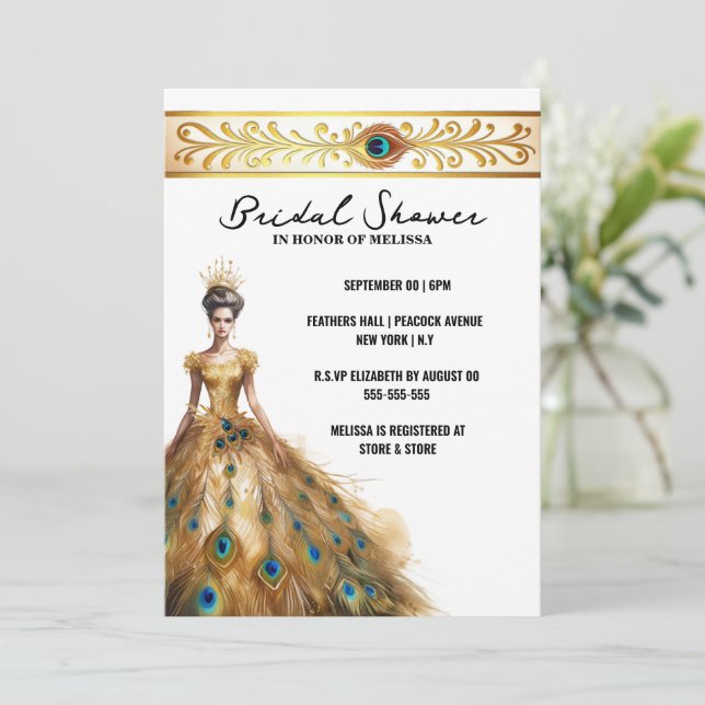Peacock feather wedding dress bridal shower invitation (Standing Front)