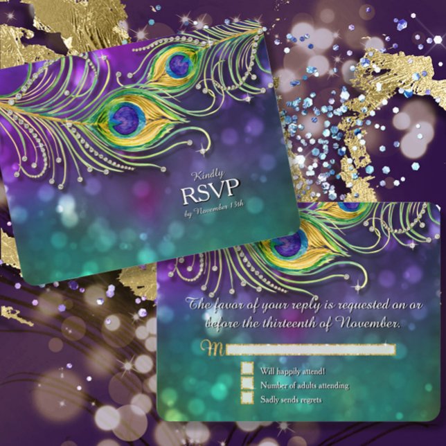 Peacock Feather Wedding Gold Glitter Jewelled RSVP (Creator Uploaded)