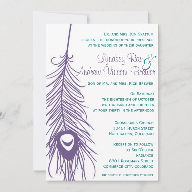 Peacock Feather Wedding Invitation (Front)